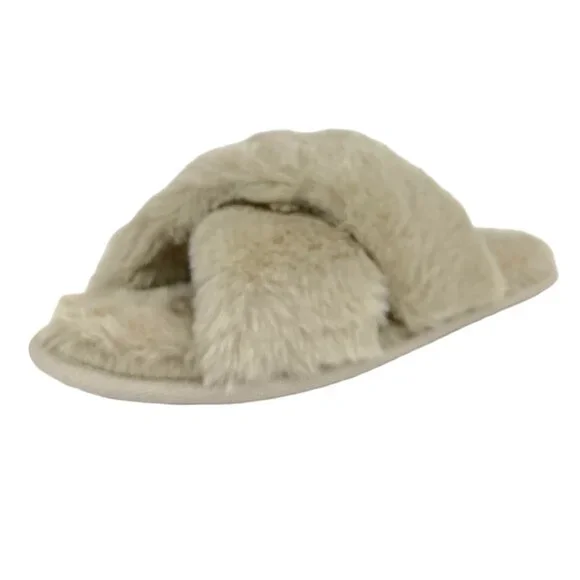 Rachel Roy Women's Fuzzy Furry CrissCross Slip On Flats Slippers Cream - Picture 3 of 10